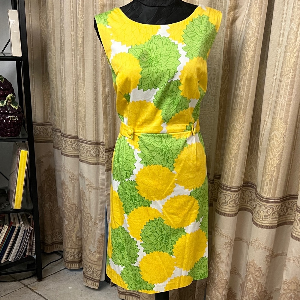 Sleeveless Yellow and Green Floral Belted Midi Dress